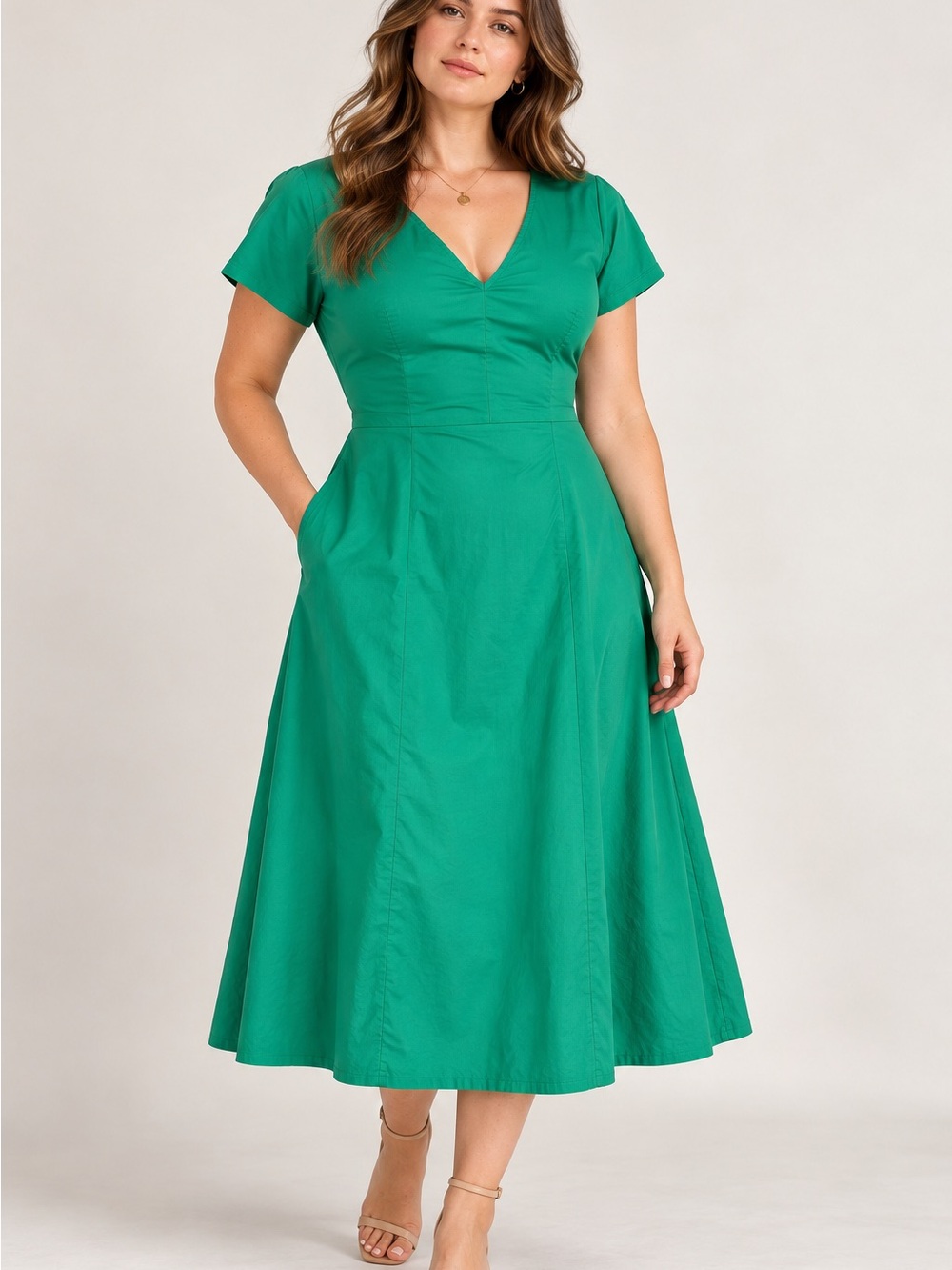 United Colors of Benetton Green Cotton V-Neck Midi Dress L